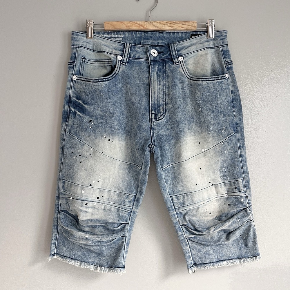 Smoke Rise Jean Shorts Paint Splatter 13" Denim Stretch Raw Hem Distressed 32